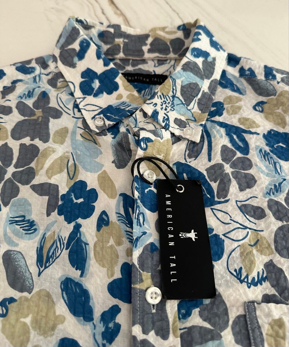 American Tall Men's Button Front Shirt Large Tall LT Blue Abstract Print NWT